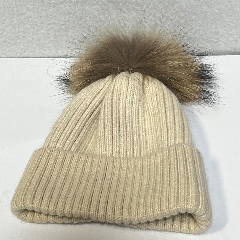 Linda Richards New York Cream Ribbed Knit Beanie Genuine Fur Pom Pom Hat